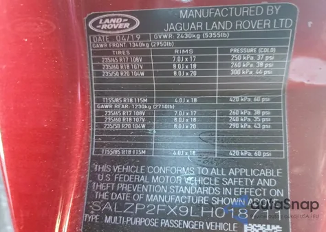 2020 Land Rover Range Rover Evoque Se from USA, damaged, VIN SALZP2FX9LH018711